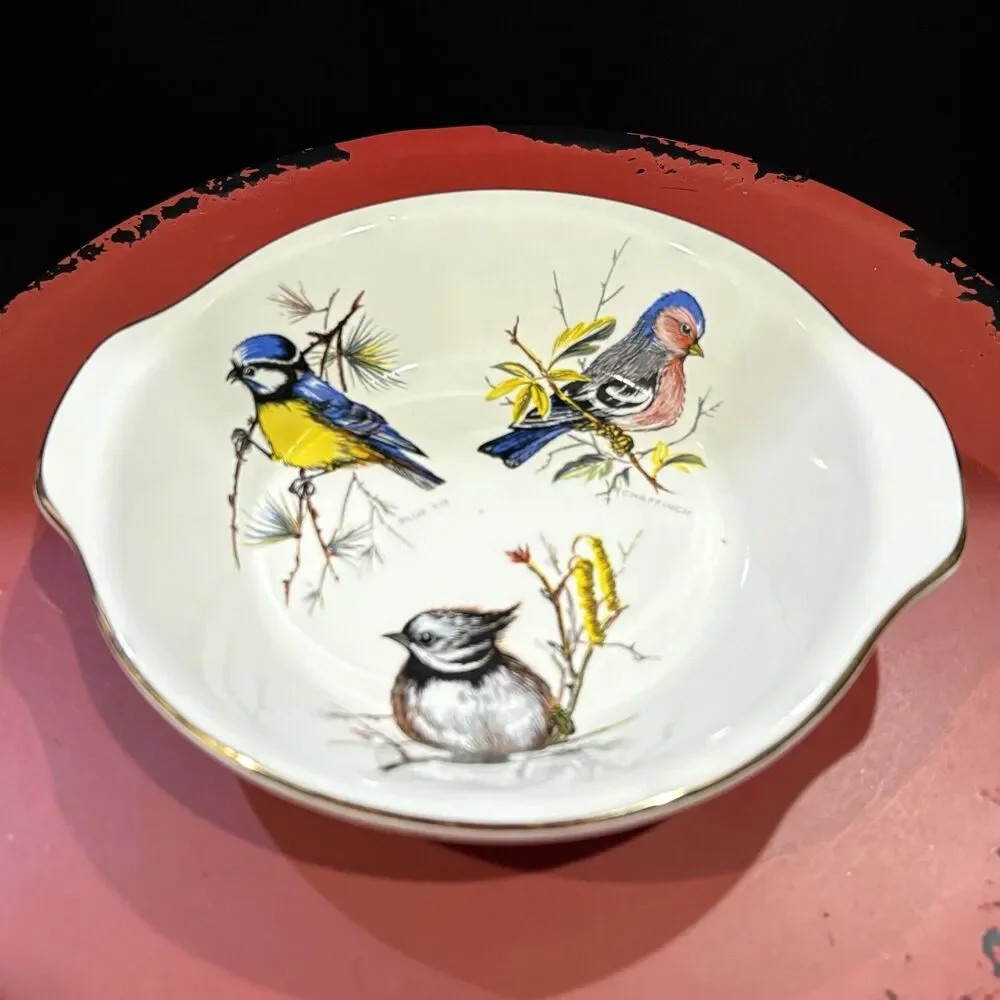 Porcelain Bird Serving Bowl Gold Trim Songbird Blue Tit Chaffinch Crested Tit